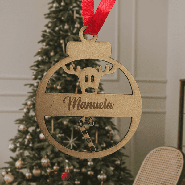 Bola de Navidad Personalizada de Madera - Reno con Nombre Personalizado