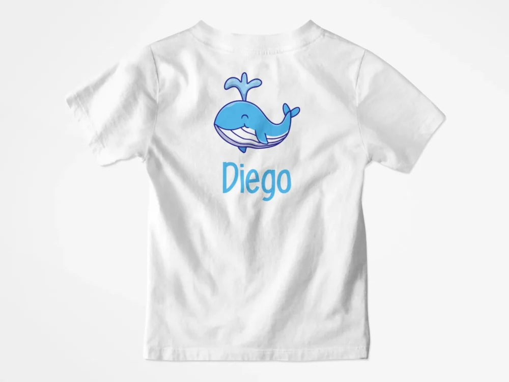 Camiseta de animales personalizada para niños con diseño de ballena y nombre Diego