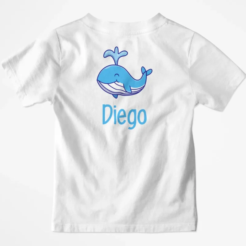 Camiseta de animales personalizada para niños con diseño de ballena y nombre Diego